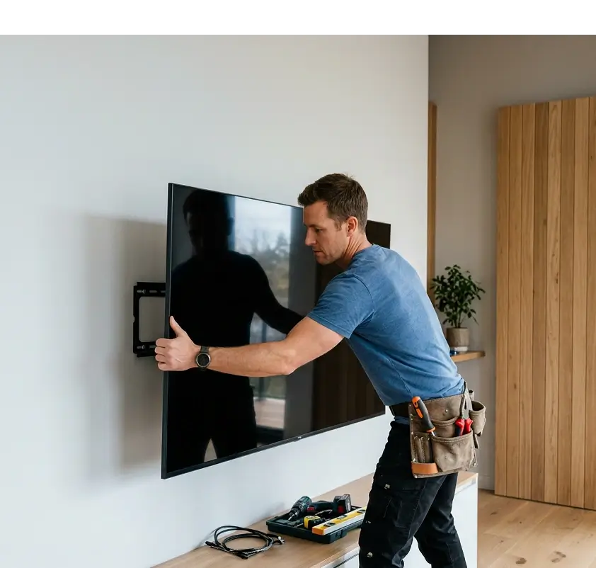 UrbanOrbits technician mounting a wall-mounted TV in a Los Angeles home
