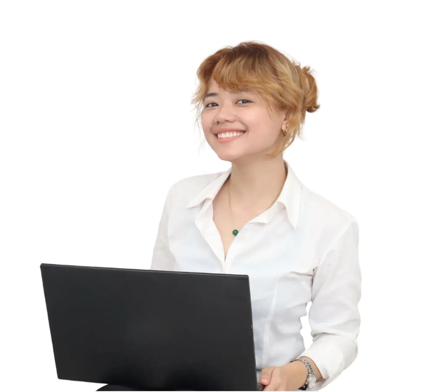 Smiling young person with short blond hair wearing a white shirt, holding a black laptop.