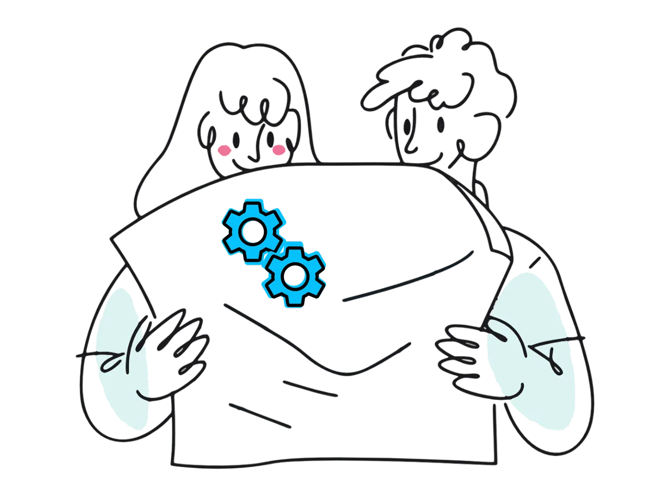 Illustration of two people holding a board with two blue gears on it.