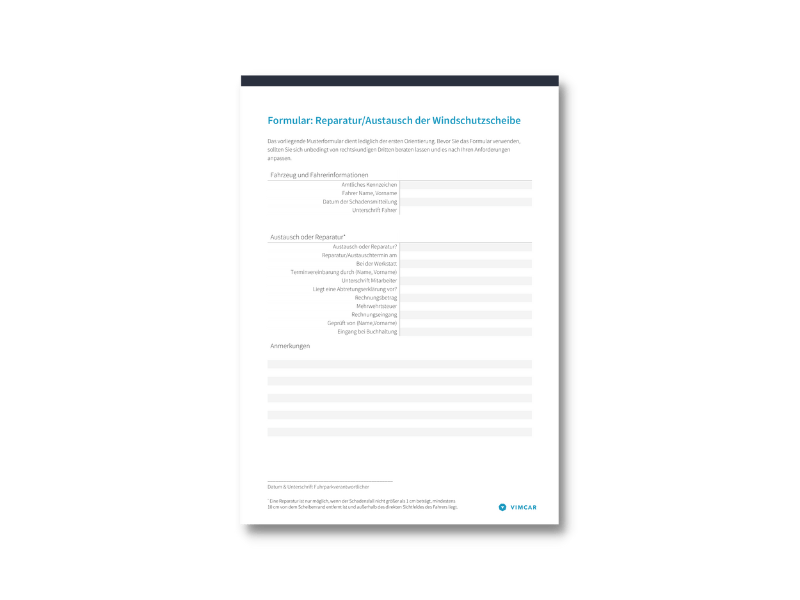 Formular zur Reparatur/zum Austausch von Windschutzscheiben
