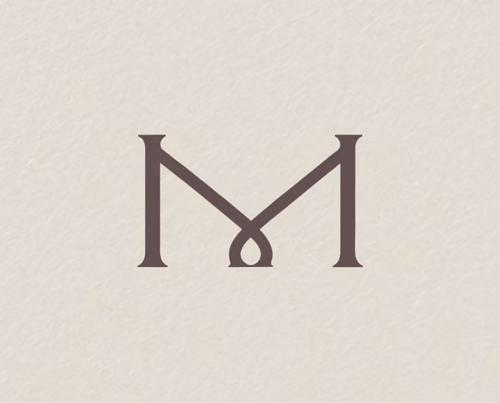 Stylized letter M logo with a looped design connecting the middle strokes on a beige background.
