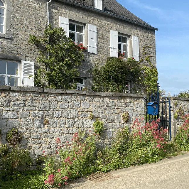 Maison en pierre avec volets blancs, jardin fleuri et boîte aux lettres bleue sur un portail en fer.