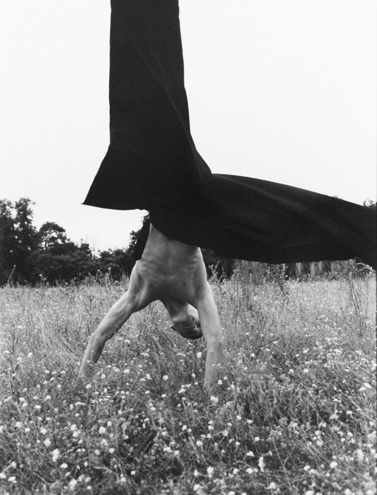 Black and white photo of a shirtless person performing a handstand in a wildflower field.