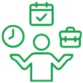 Icon of a person managing time with clock, calendar tick, and briefcase symbols.