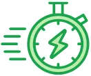 Green stopwatch with lightning bolt and motion lines symbolizing quick turnaround time.