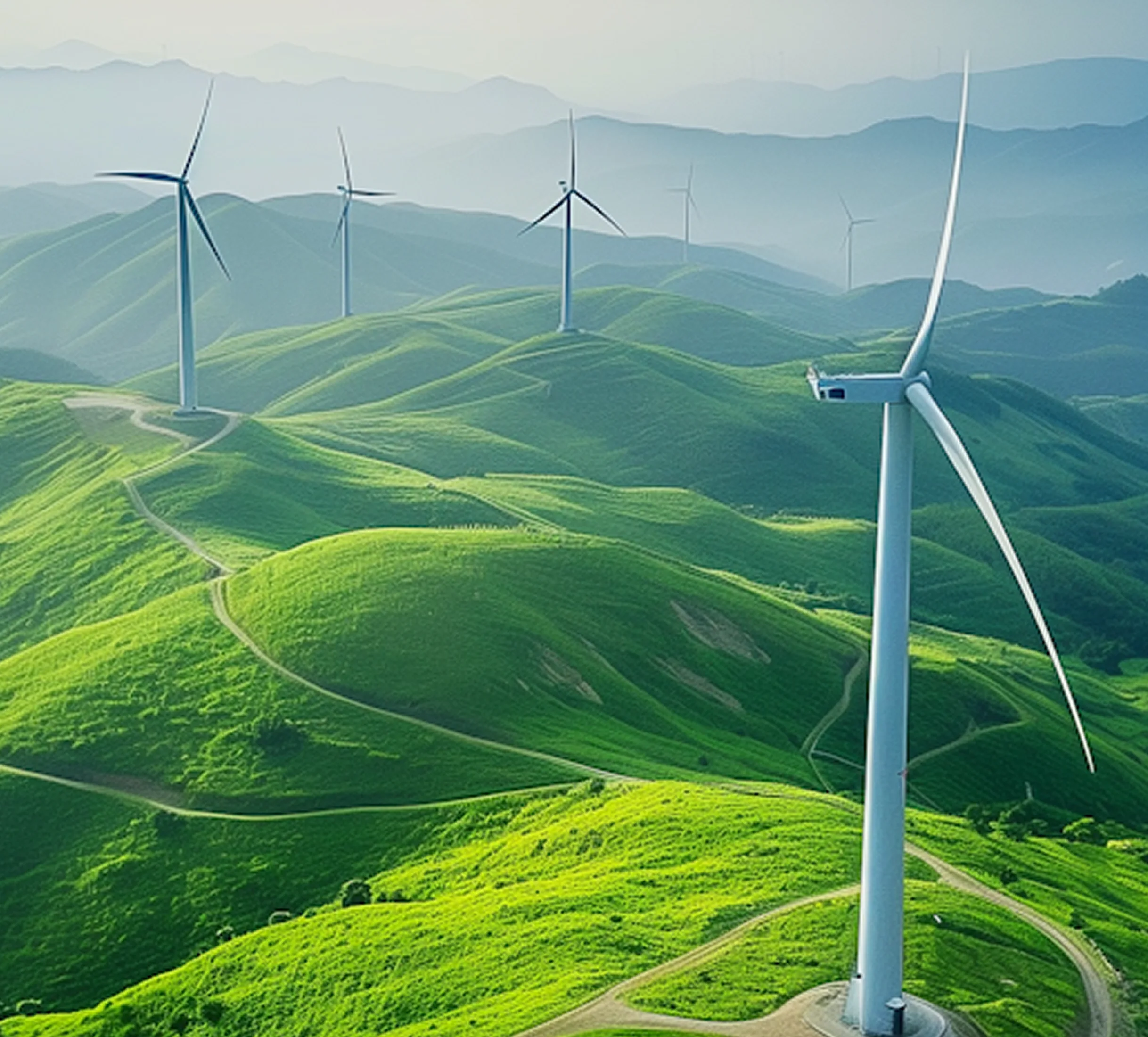 Multiple wind turbines on rolling green hills under a hazy sky.