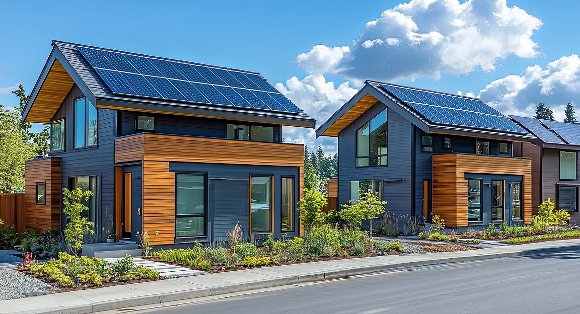 Two modern houses with wood and dark blue siding, large windows, and solar panels on slanted roofs under a partly cloudy sky.