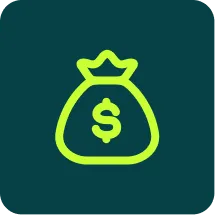 Green money bag icon with dollar sign on dark background.