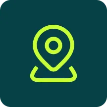 Bright green map pin location icon on a dark teal background.