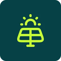 Green solar panel icon with sun rays above it on a dark background.
