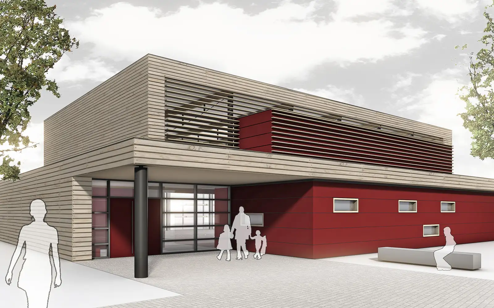 Modern building with red and wood paneling, glass entrance, and silhouettes of people outside.