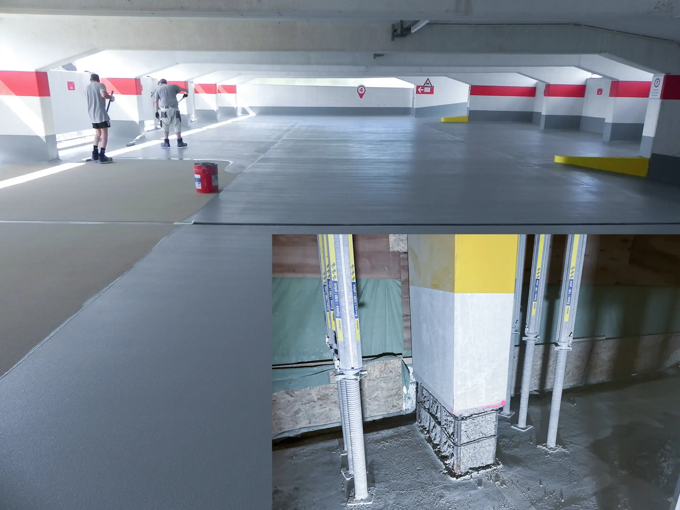 Zwei Arbeiter tragen Beton in einer Tiefgarage auf, mit Betonsäule im Vordergrund gestützt.