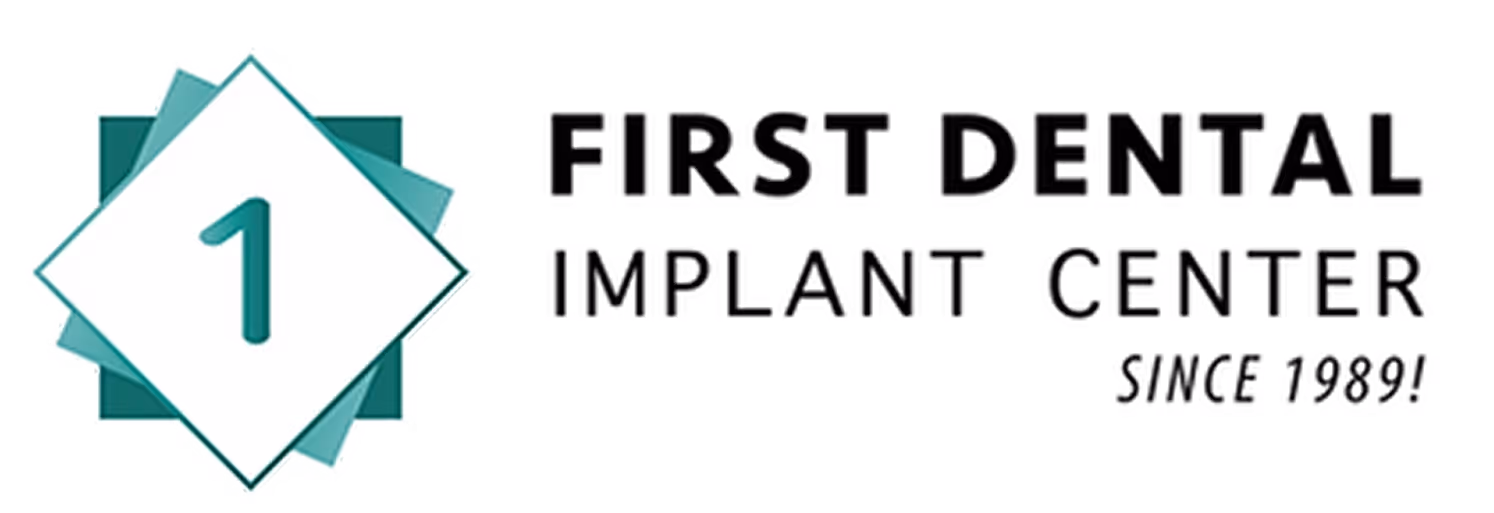 Logo with a number 1 and text First Dental Implant Center since 1989.