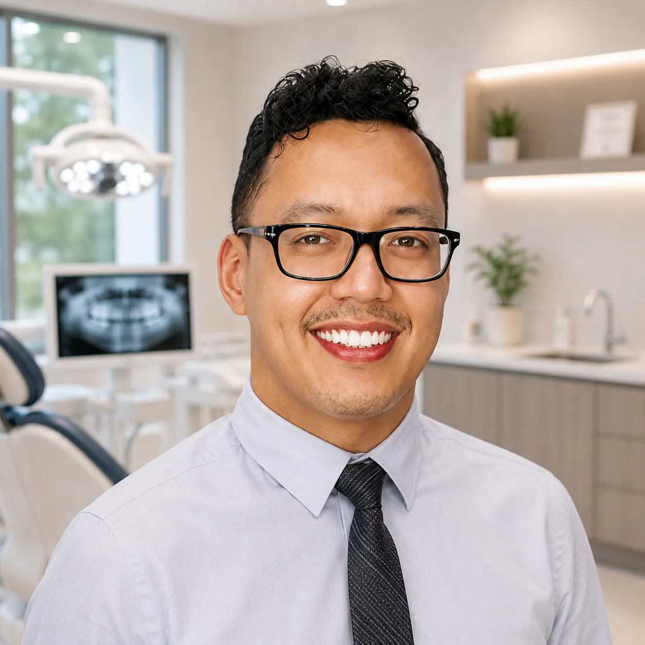 Smiling man in glasses and tie in a bright dental office with dental chair and X-ray in background.
