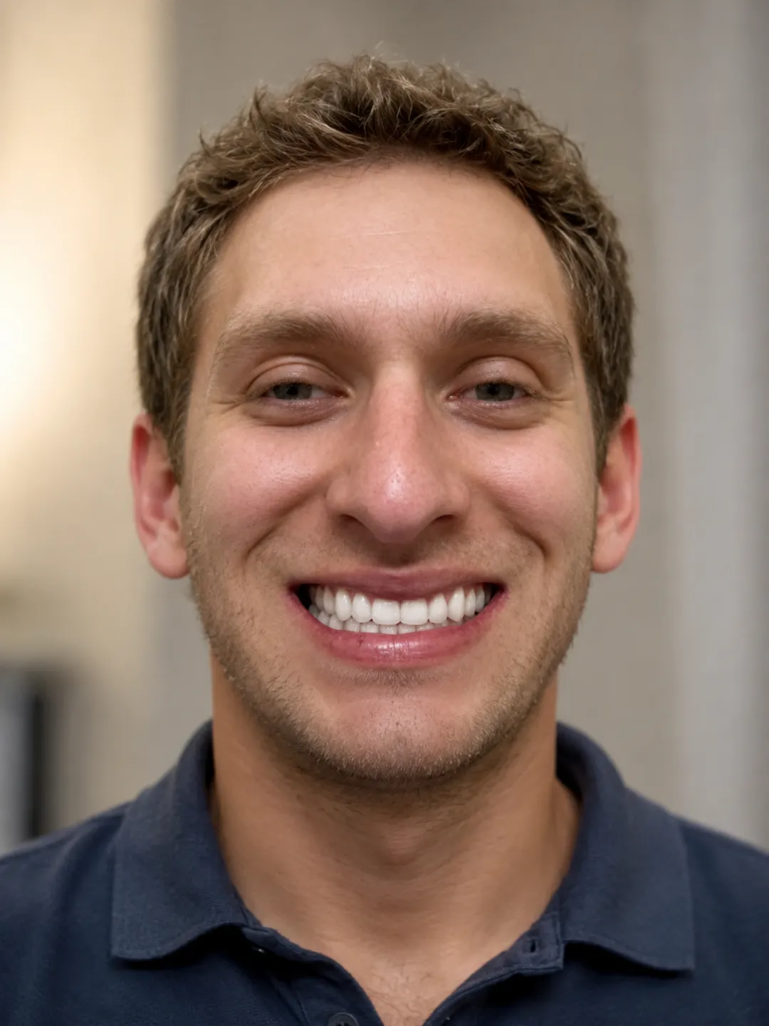 Close-up of a man with short curly hair smiling, wearing a dark blue polo shirt.