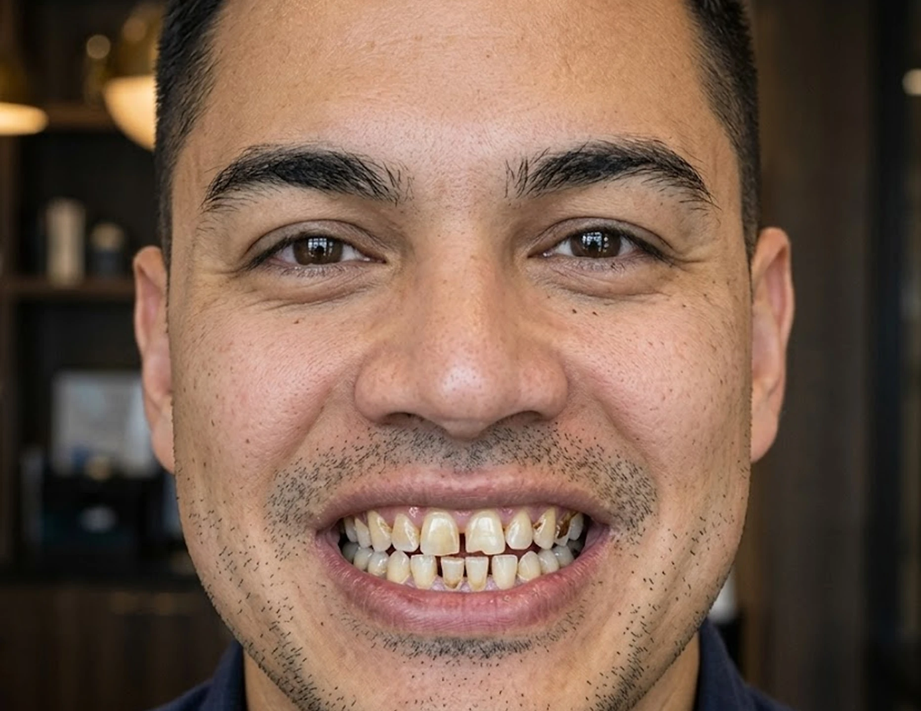 Close-up of a man smiling showing stained, uneven teeth and slight facial stubble.