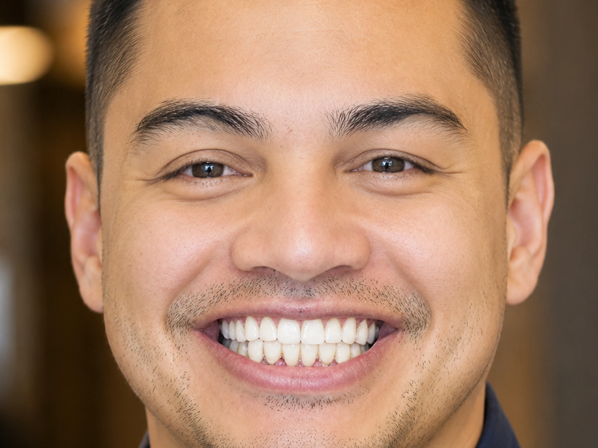 Close-up of a smiling man with short hair and slight facial stubble.