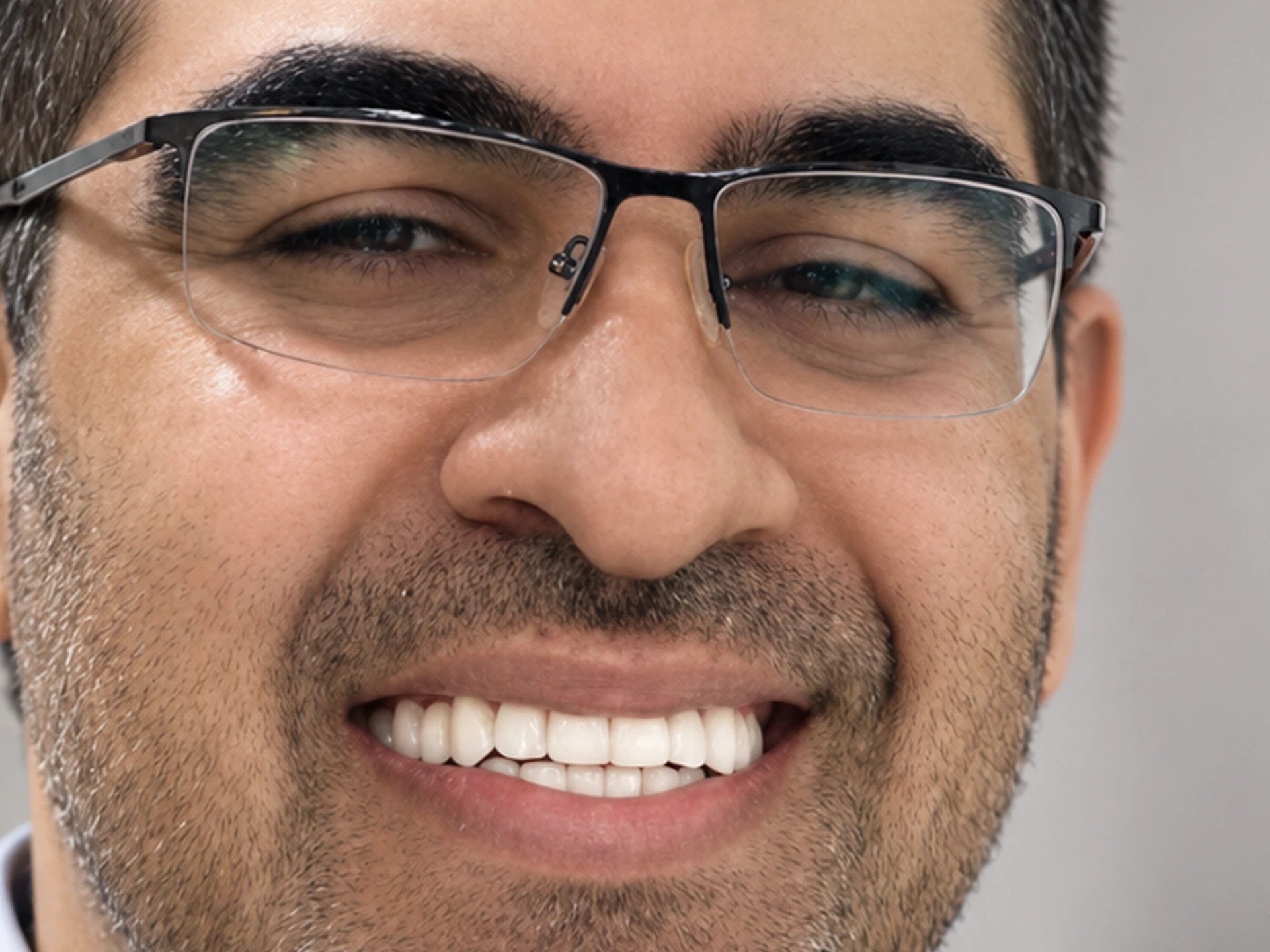 Close-up of a man with glasses smiling, showing clean teeth and light facial stubble.