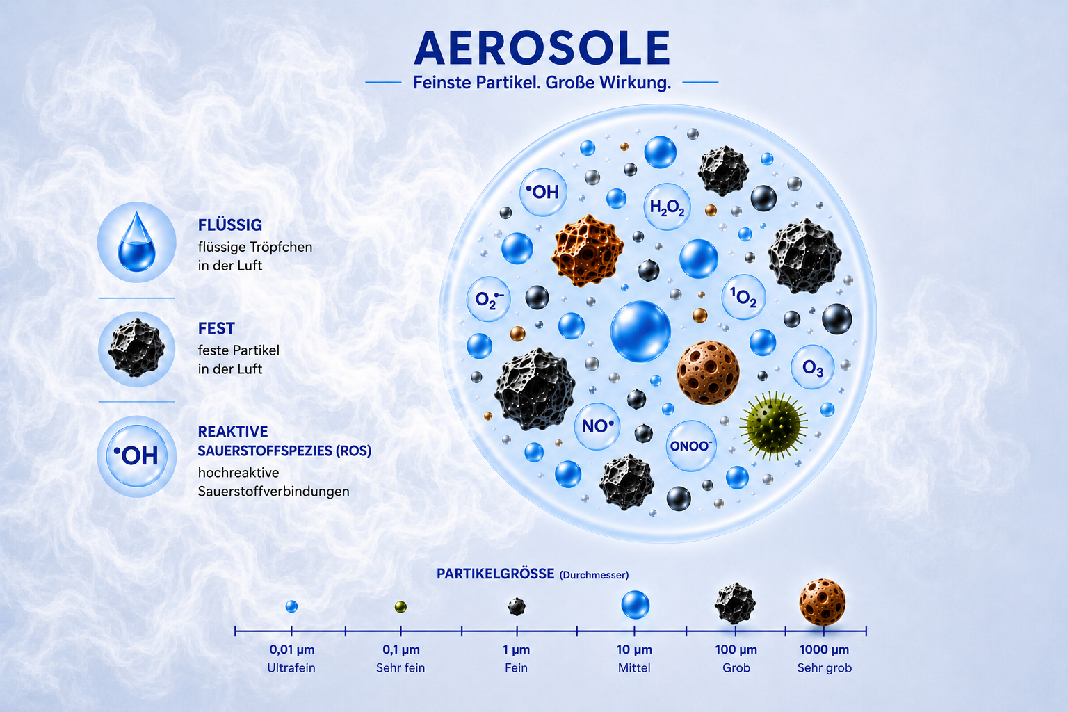 Infografik zu Aerosolen: Typen (flüssig, fest, ROS) und Partikelgrößen-Skala von 0,01 bis 1000 µm.