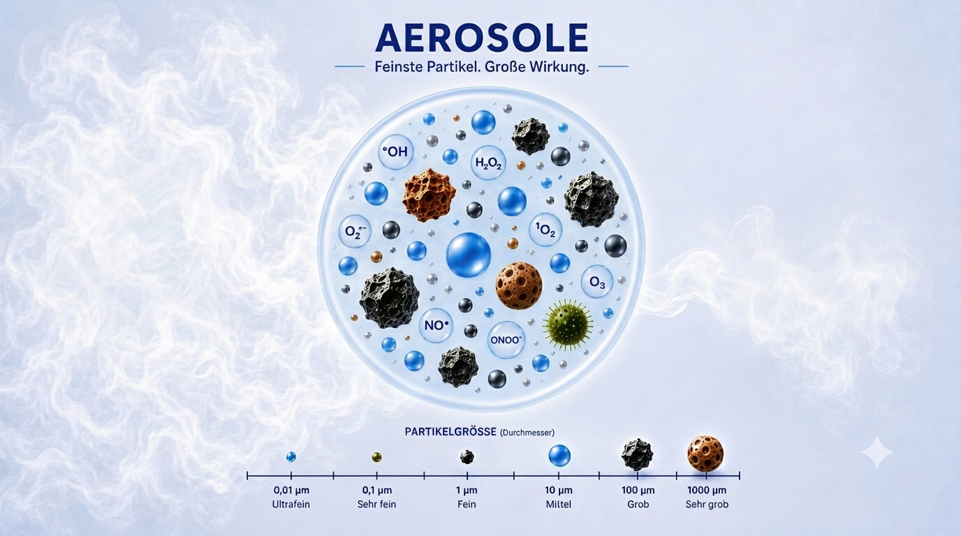 Infografik zu Aerosolen: Typen (flüssig, fest, ROS) und Partikelgrößen-Skala von 0,01 bis 1000 µm.