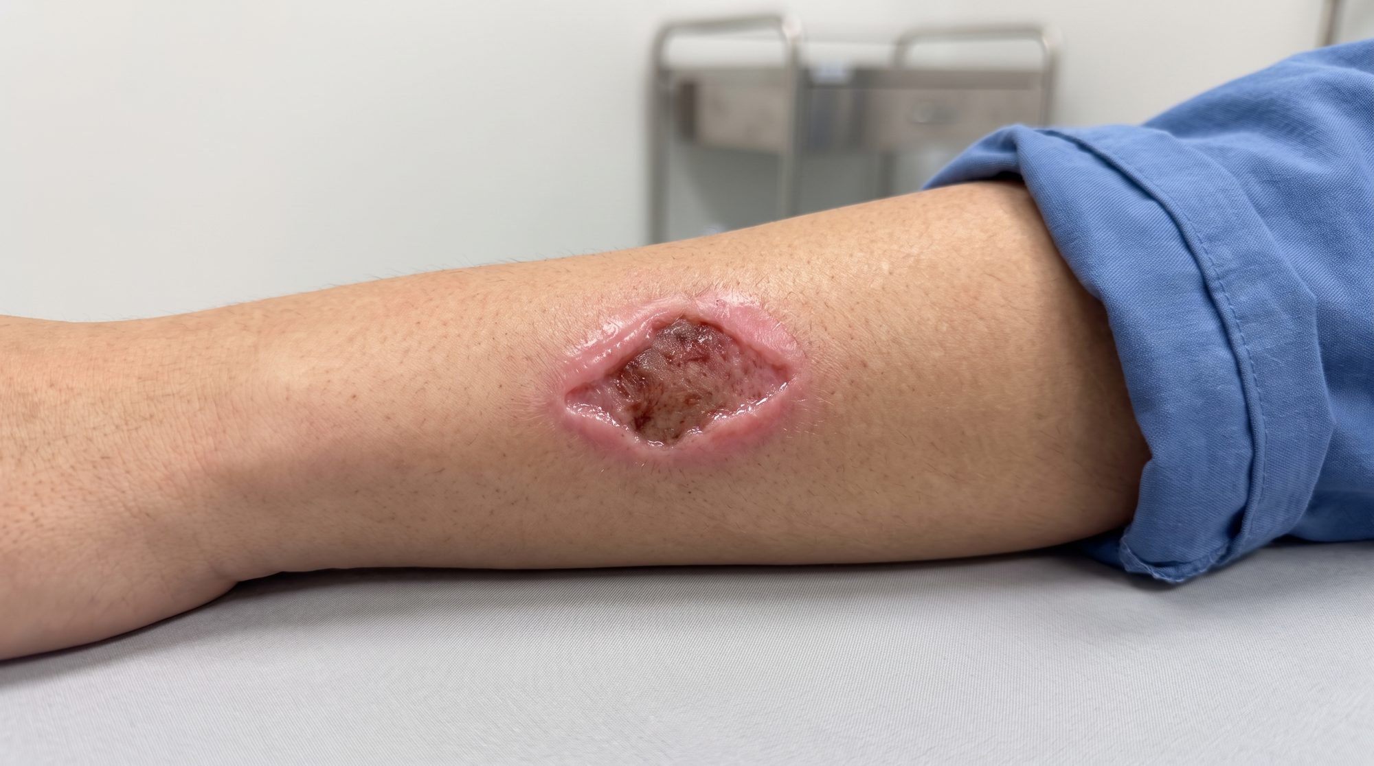 Close-up view of wound healing progress at wound margin, showing tissue recovery in clinical wound management