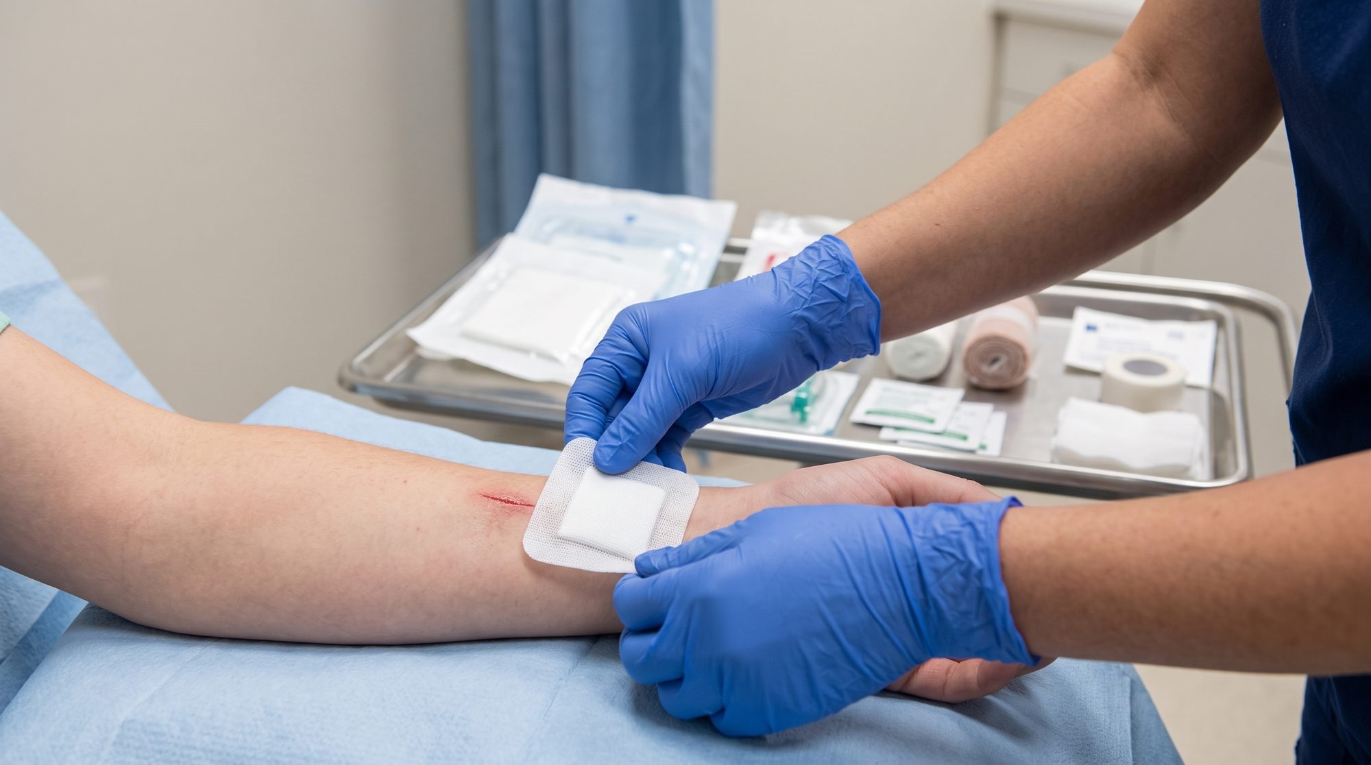Nursing professional assessing wound healing in a clinical wound care setting