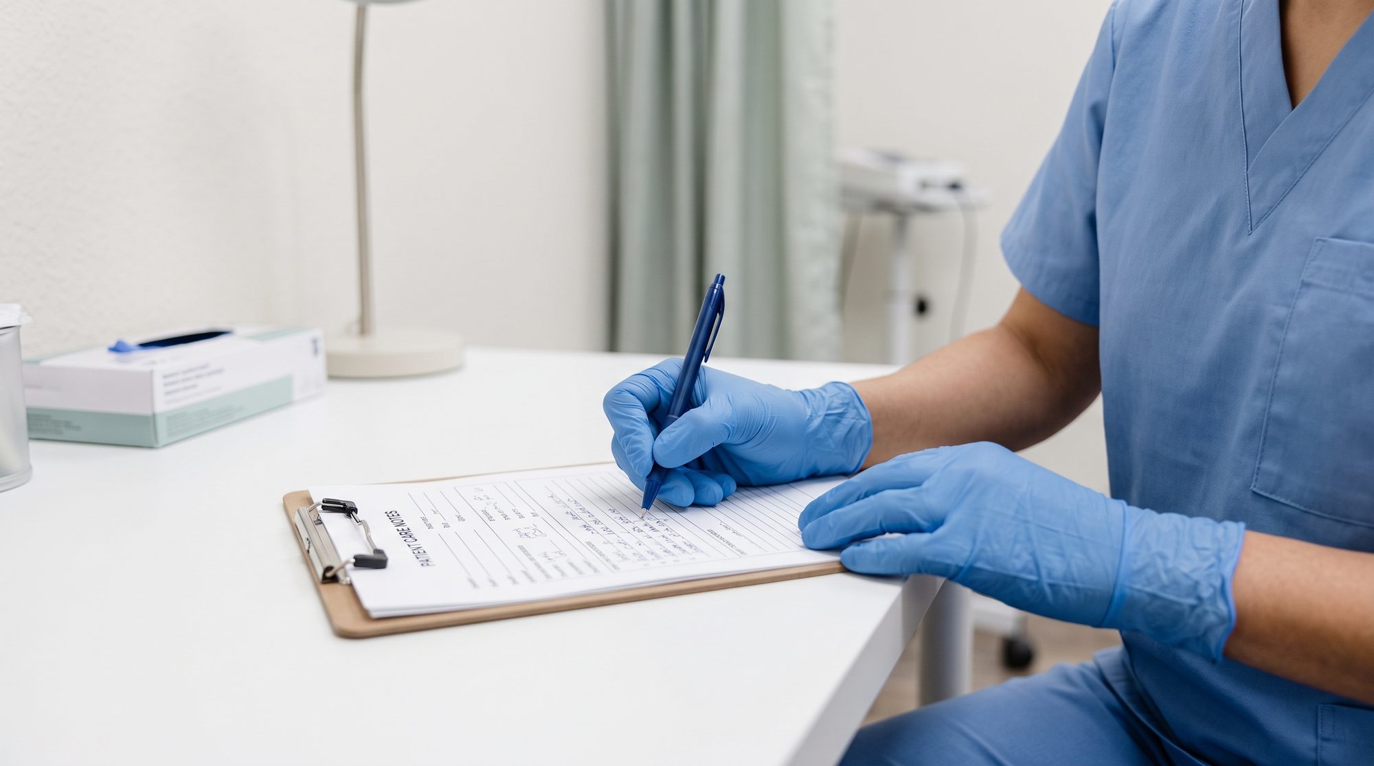 Pflegekraft dokumentiert Zubehörnutzung und Wechselintervalle in der Patientenakte
