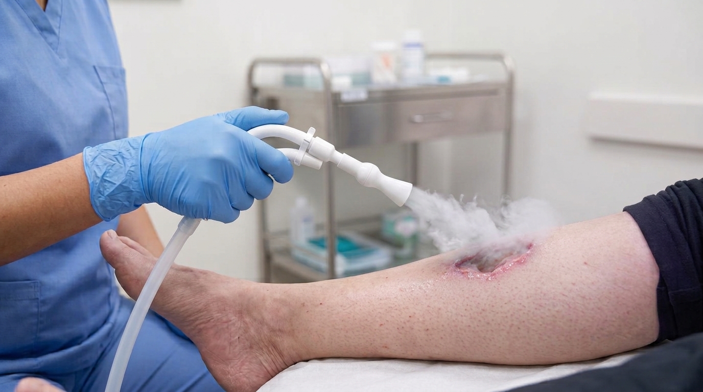 Clinician applying cold plasma aerosol to a wound using an applicator