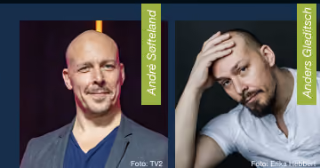 To menn, en smilende med dressjakke og en annen med hånden på hodet i en hvit t-skjorte.