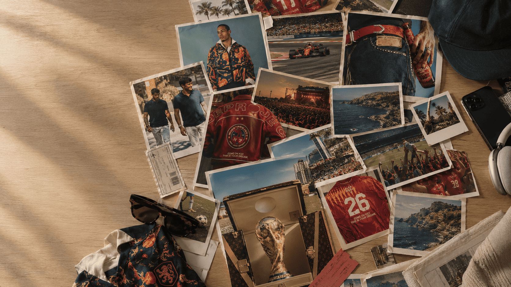 Wooden desk covered with overlapping photographs of fashion collections, sport and festivals, alongside a pair of sunglasses and headphones