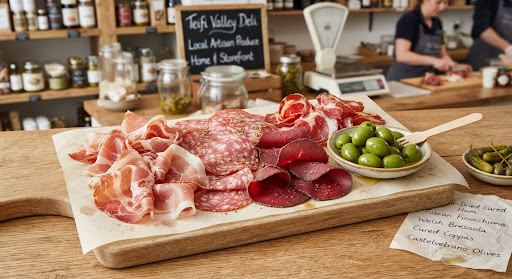 Charcuterie and olives on a deli counter