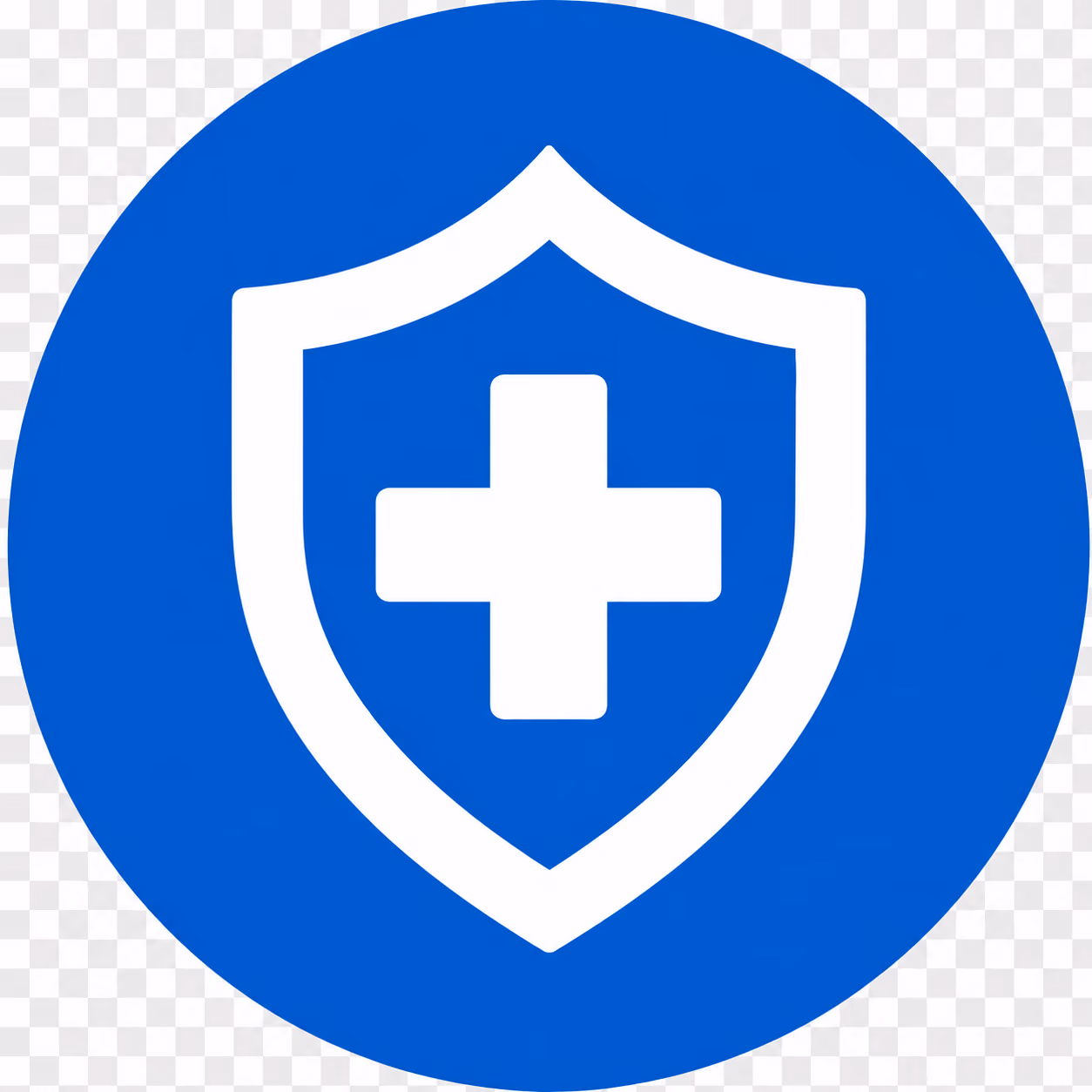 White shield with a medical cross inside on a blue circular background.
