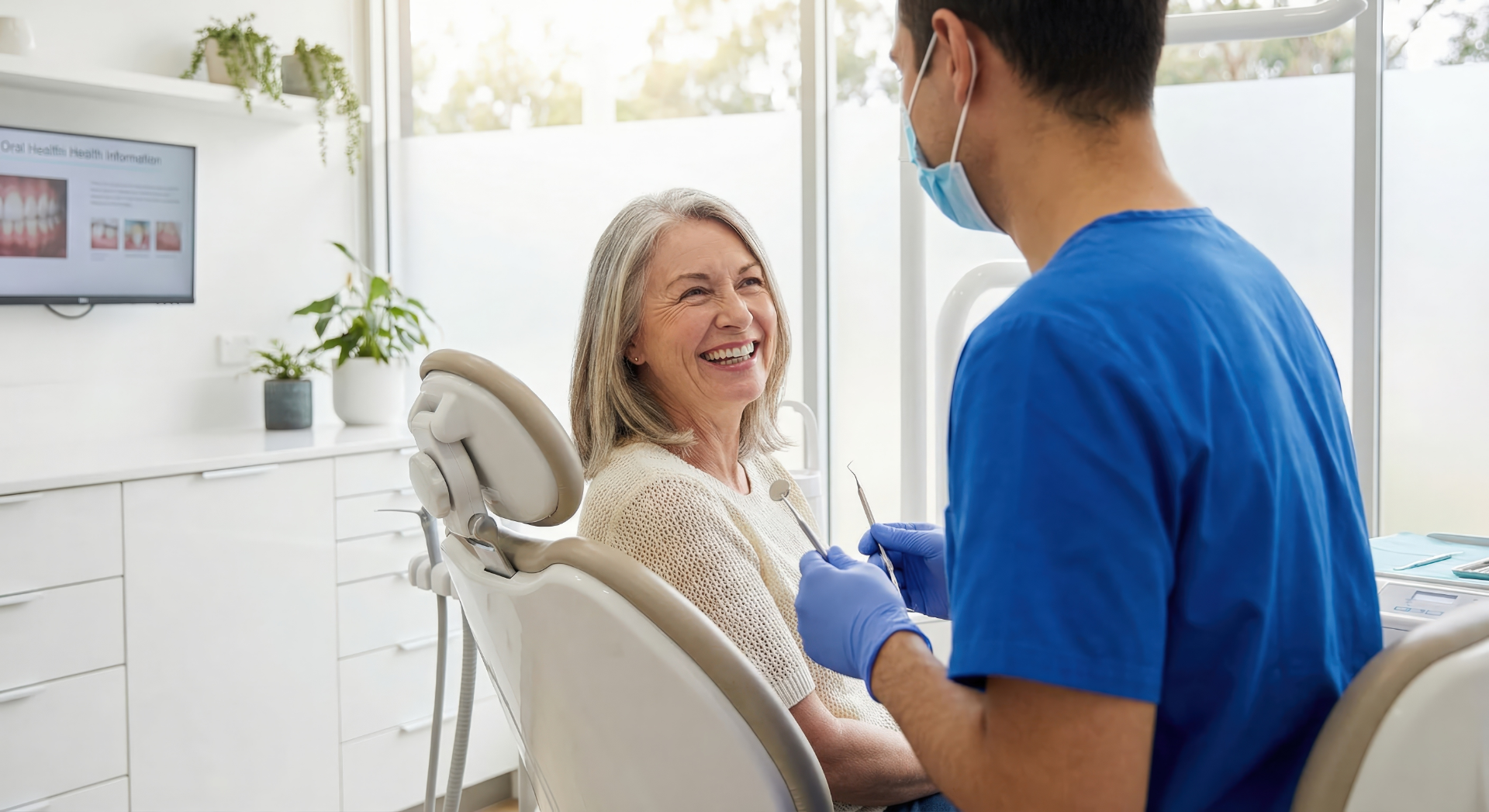 Smiling elderly woman in dental chair talking with masked dentist holding dental tools.