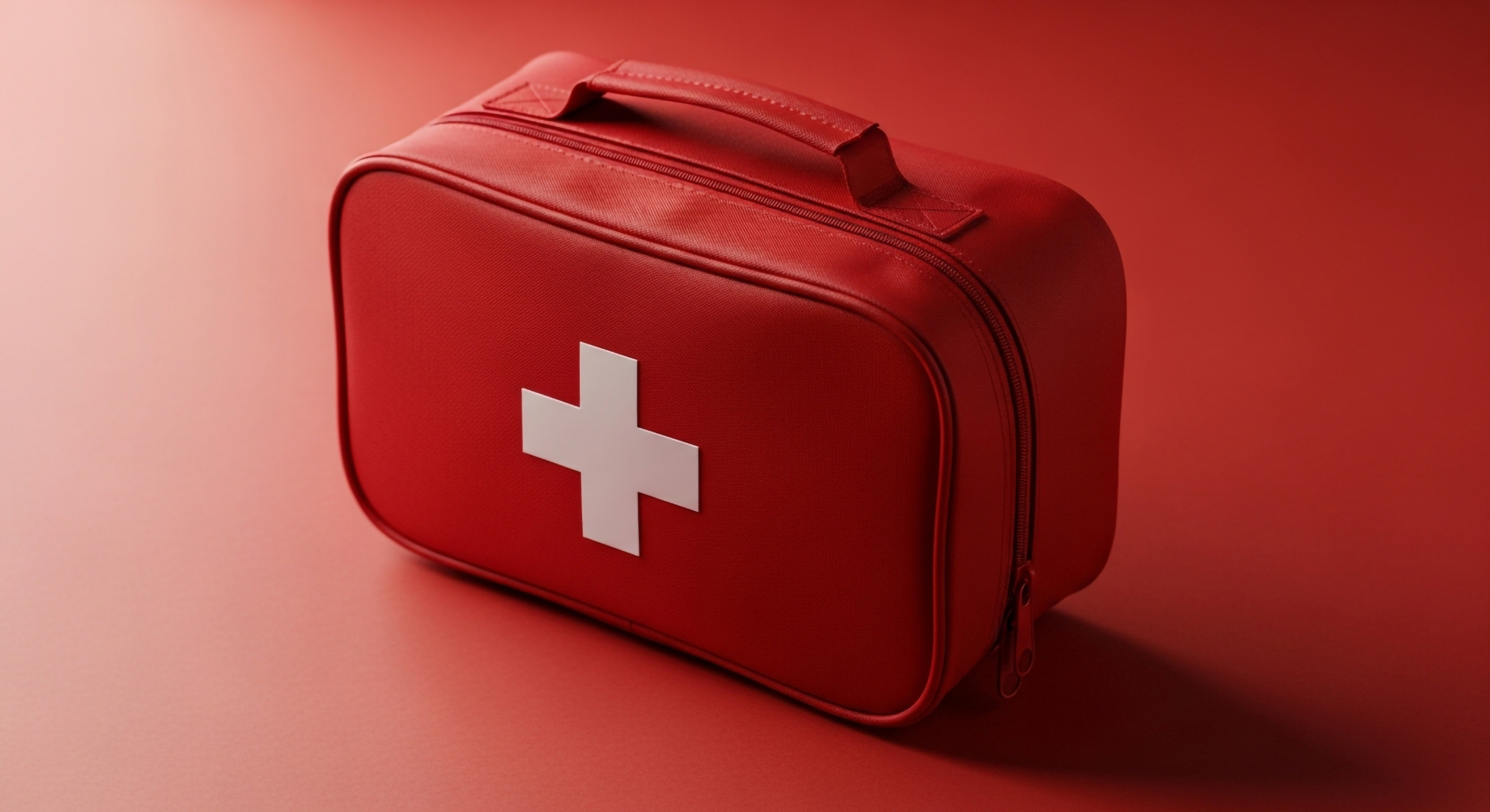 Closed red first aid kit bag with white cross symbol on a matching red background.