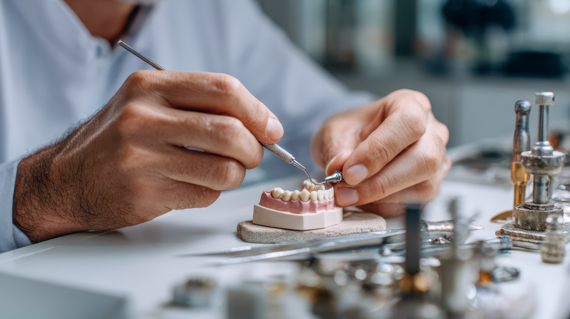 Hands crafting a dental prosthetic model with tools on a workbench in a dental lab.