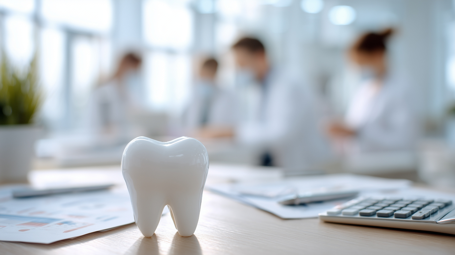 Glossy white tooth model on desk with papers, calculator, and blurred dentists in background.