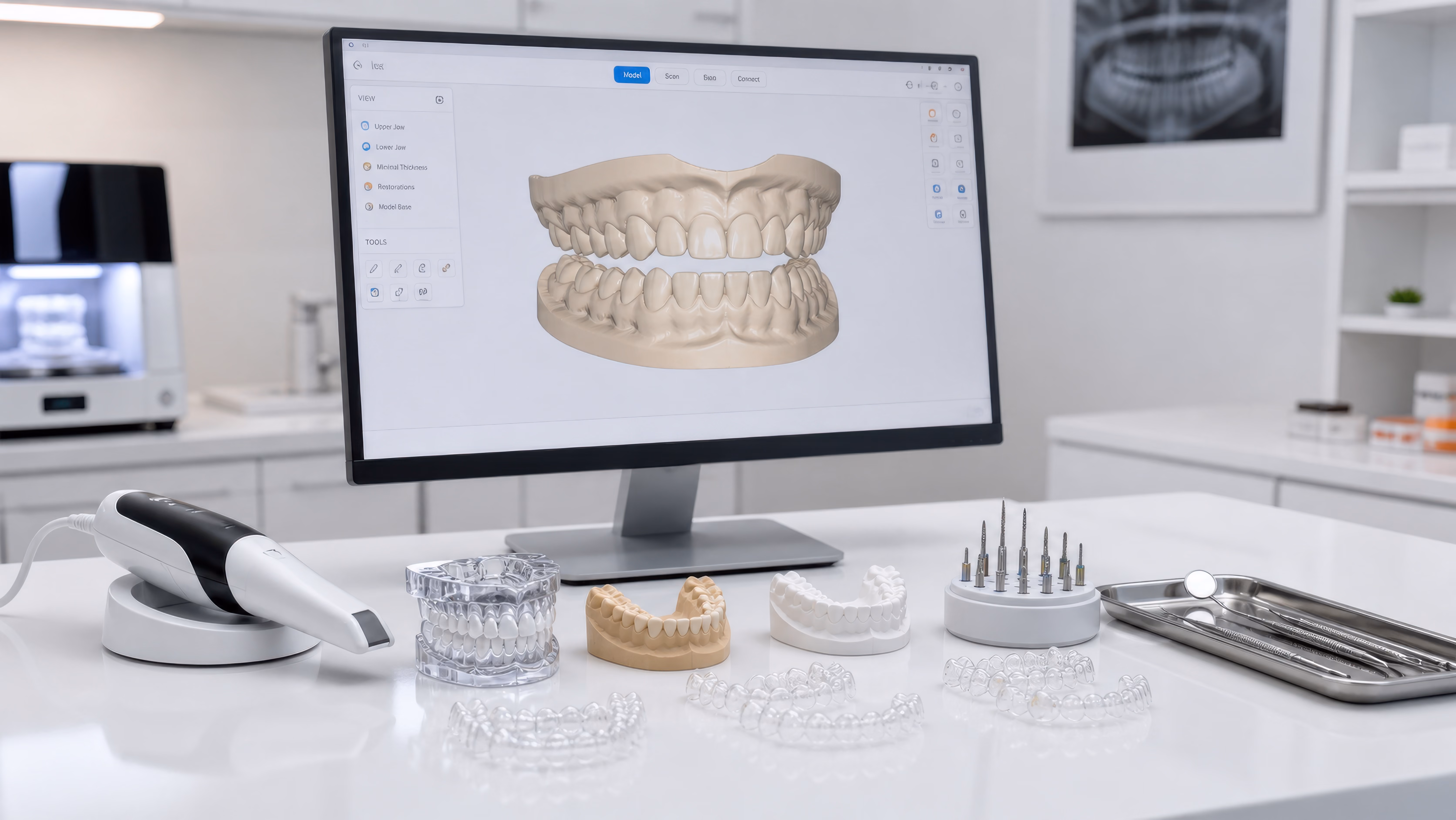 Dental model on computer screen with orthodontic tools, dental molds, and clear aligners on table.