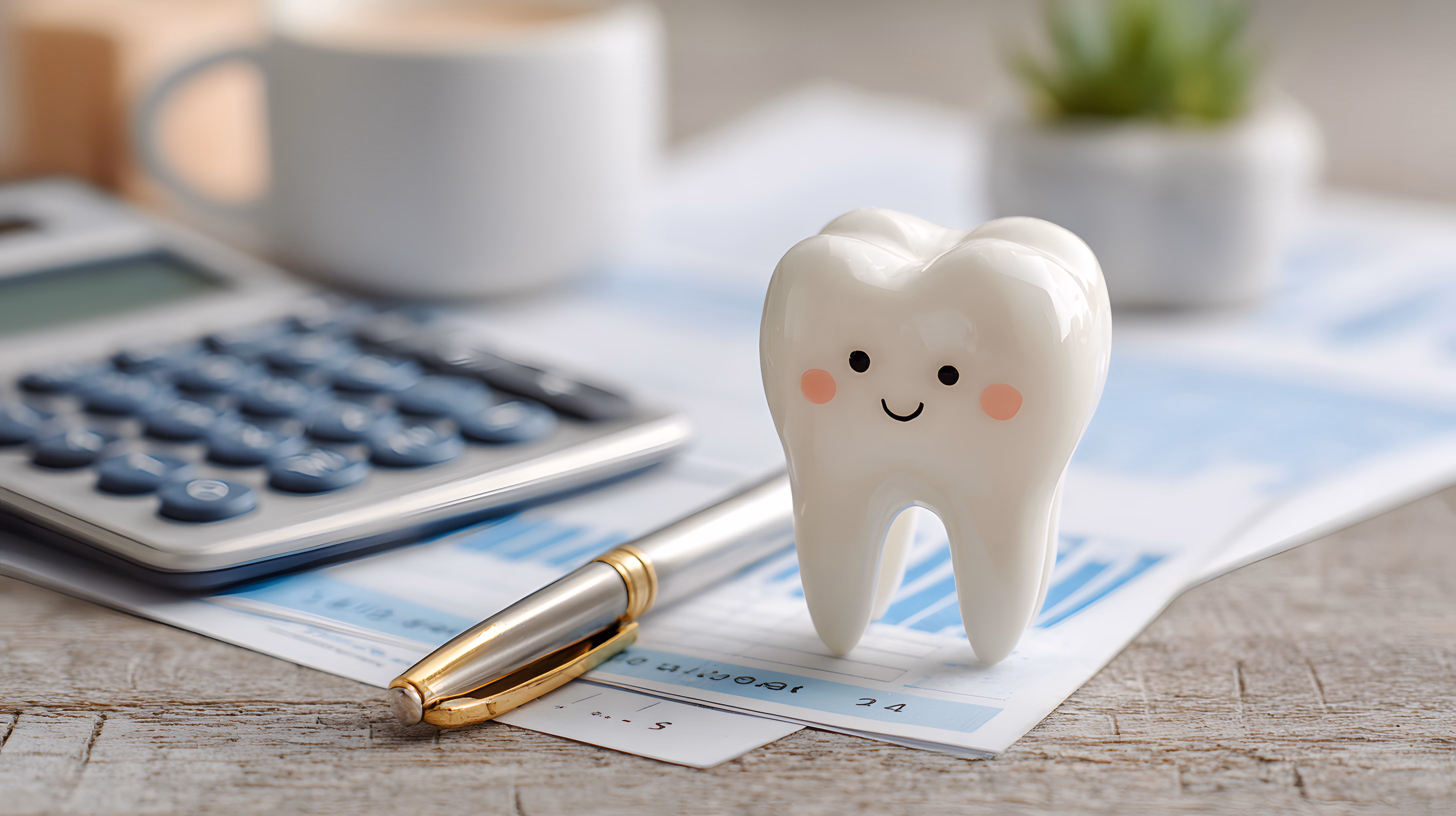Smiling tooth figurine on paper next to a pen and calculator on a wooden table.