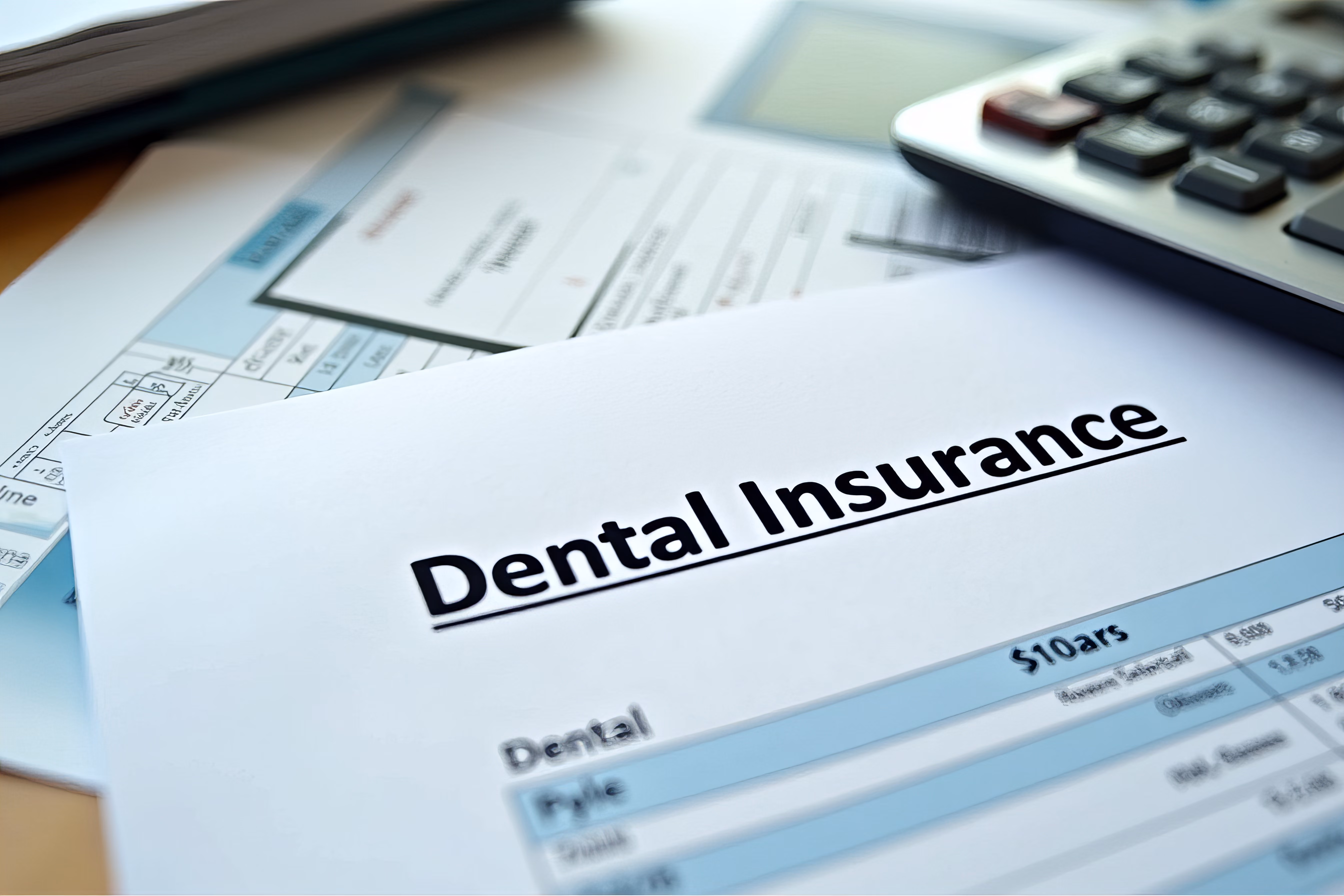 Document titled Dental Insurance with a calculator and papers in the background.