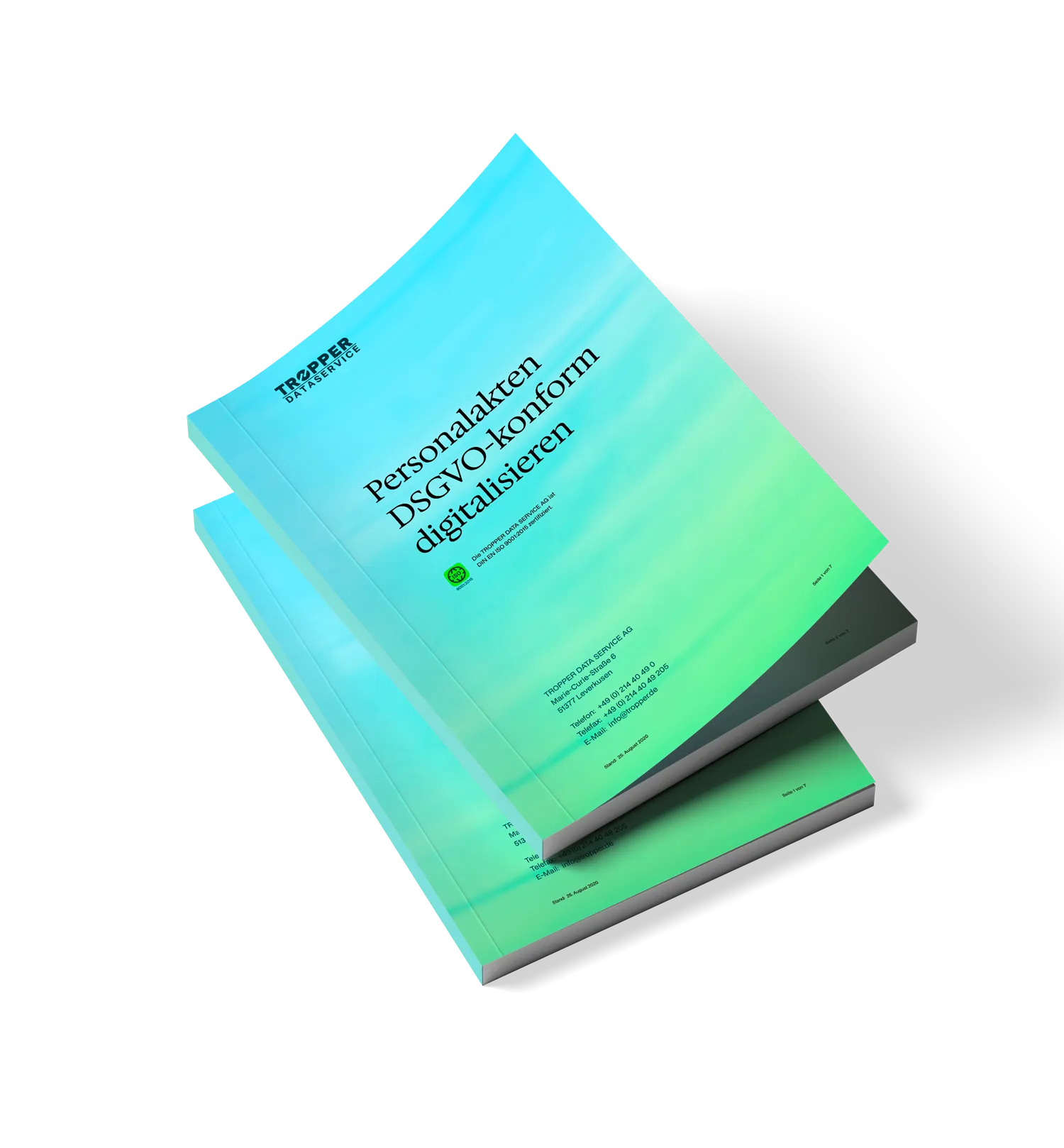 Zwei aufeinander gestapelte Exemplare des Leitfadens "Personalakten DSGVO-konform digitalisieren" mit einem blau-grünen Cover.