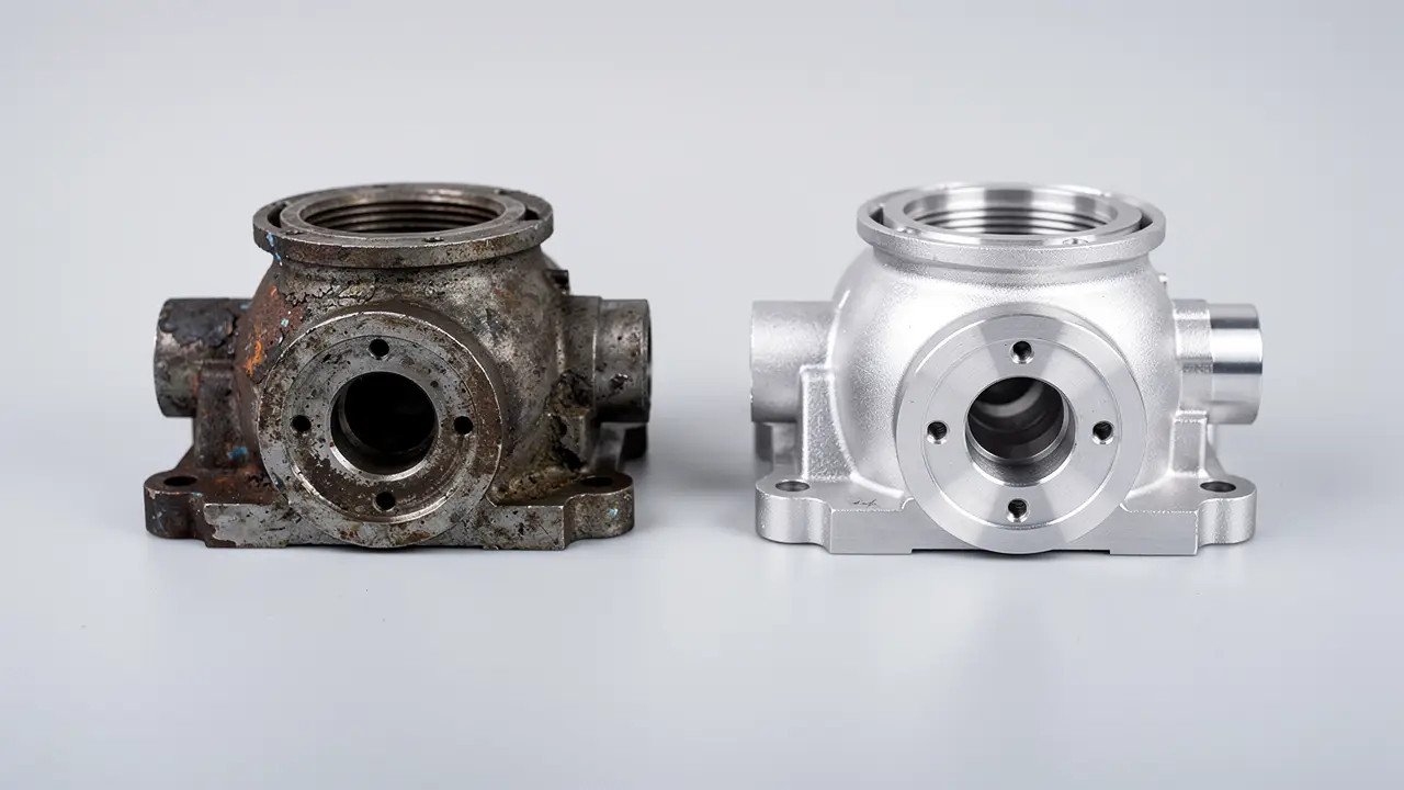 Worn pump housing beside reverse engineered replacement