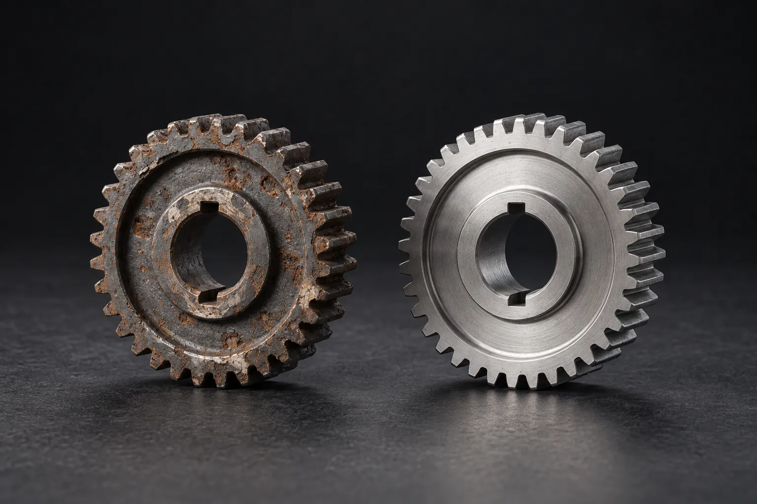 Worn and rebuilt steel gears with matching opposed keyways on a charcoal studio surface