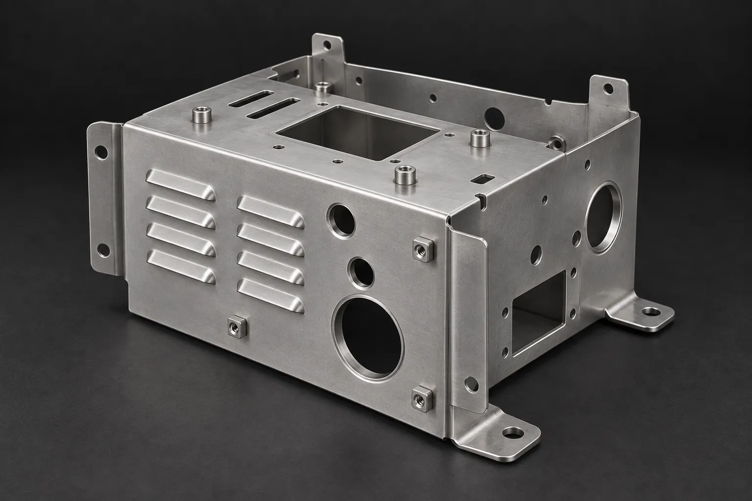 Folded stainless steel chassis with louvres, mounting tabs and cable apertures