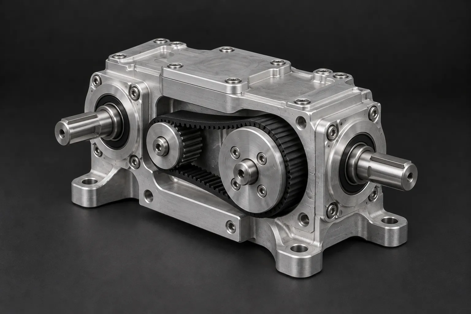 Assembled transmission module with shafts, bearing housings and a timing belt
