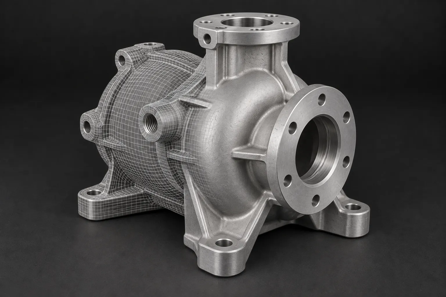 Complex pump housing with a surface mesh illustrating geometry capture