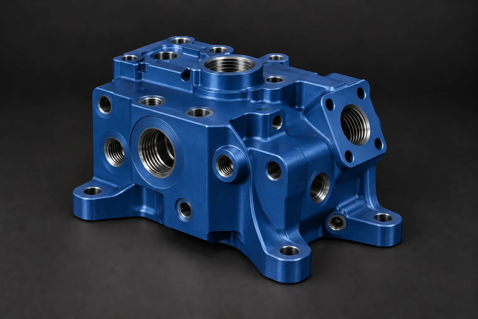 Complex aluminium manifold with a satin blue anodised finish