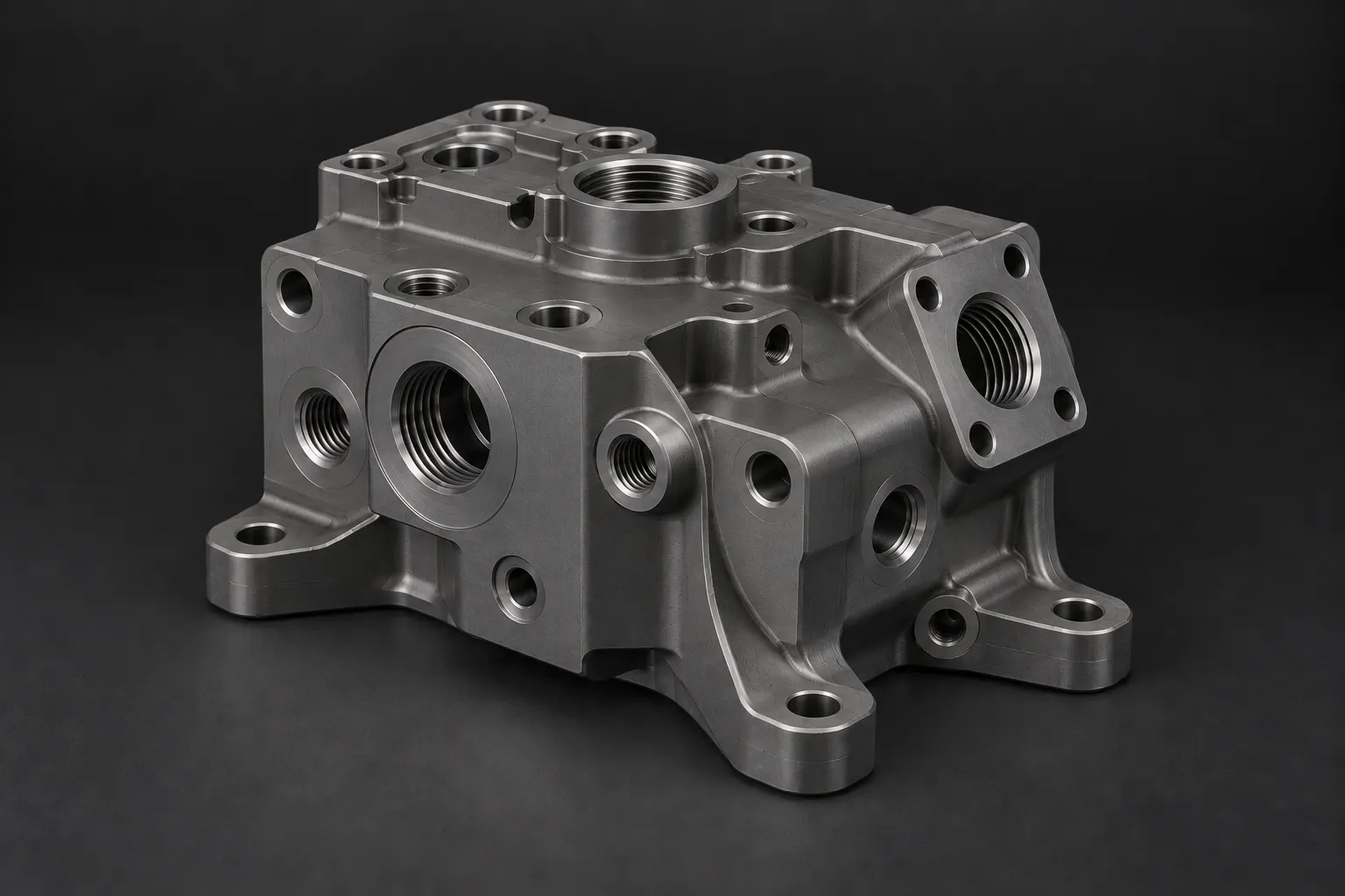 Complex aluminium manifold with a dark hard-anodised finish