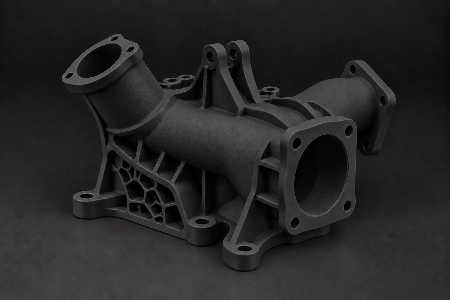 Complex nylon duct with a smooth matte polished black-dyed surface