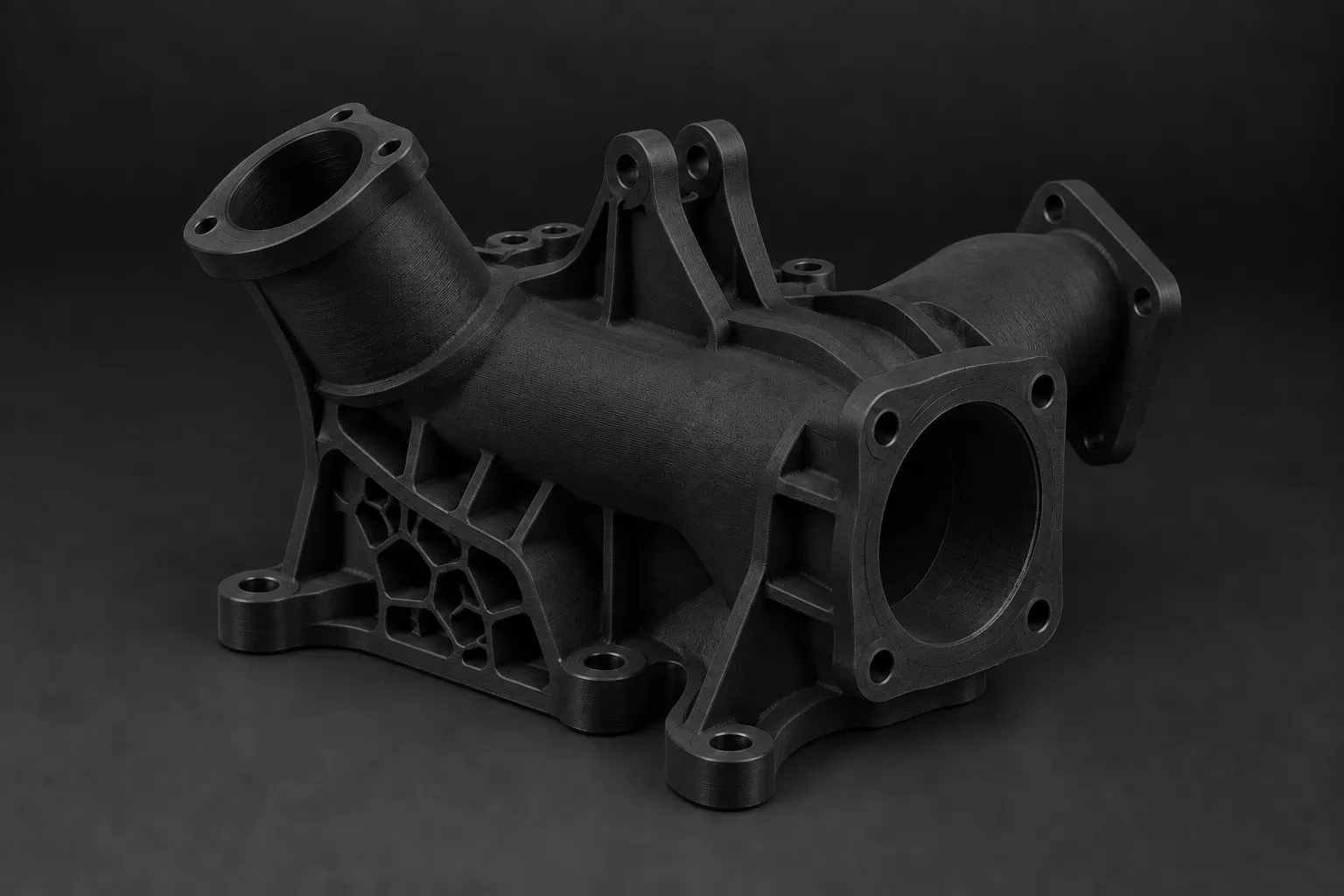 Complex nylon duct with a textured black-dyed as-printed surface