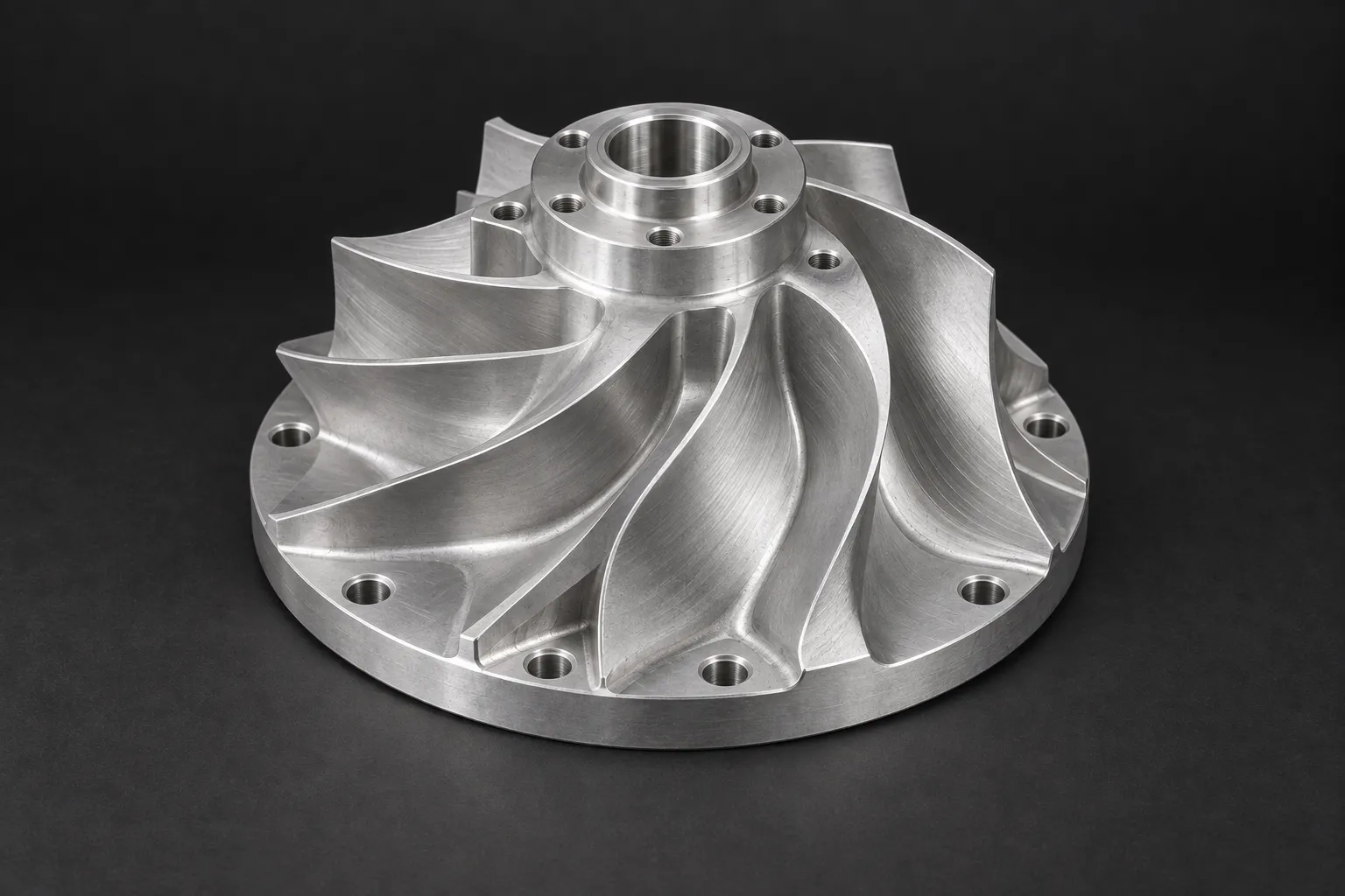 Complex aluminium impeller with curved blades and fine machining traces